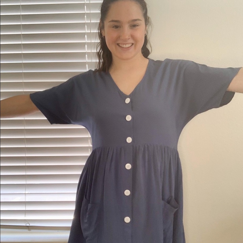 Blue Loose Dress With Pockets